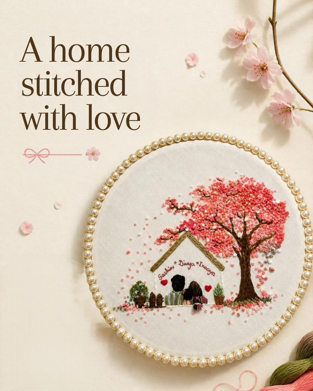 Embroidered family home under a cherry blossom tree