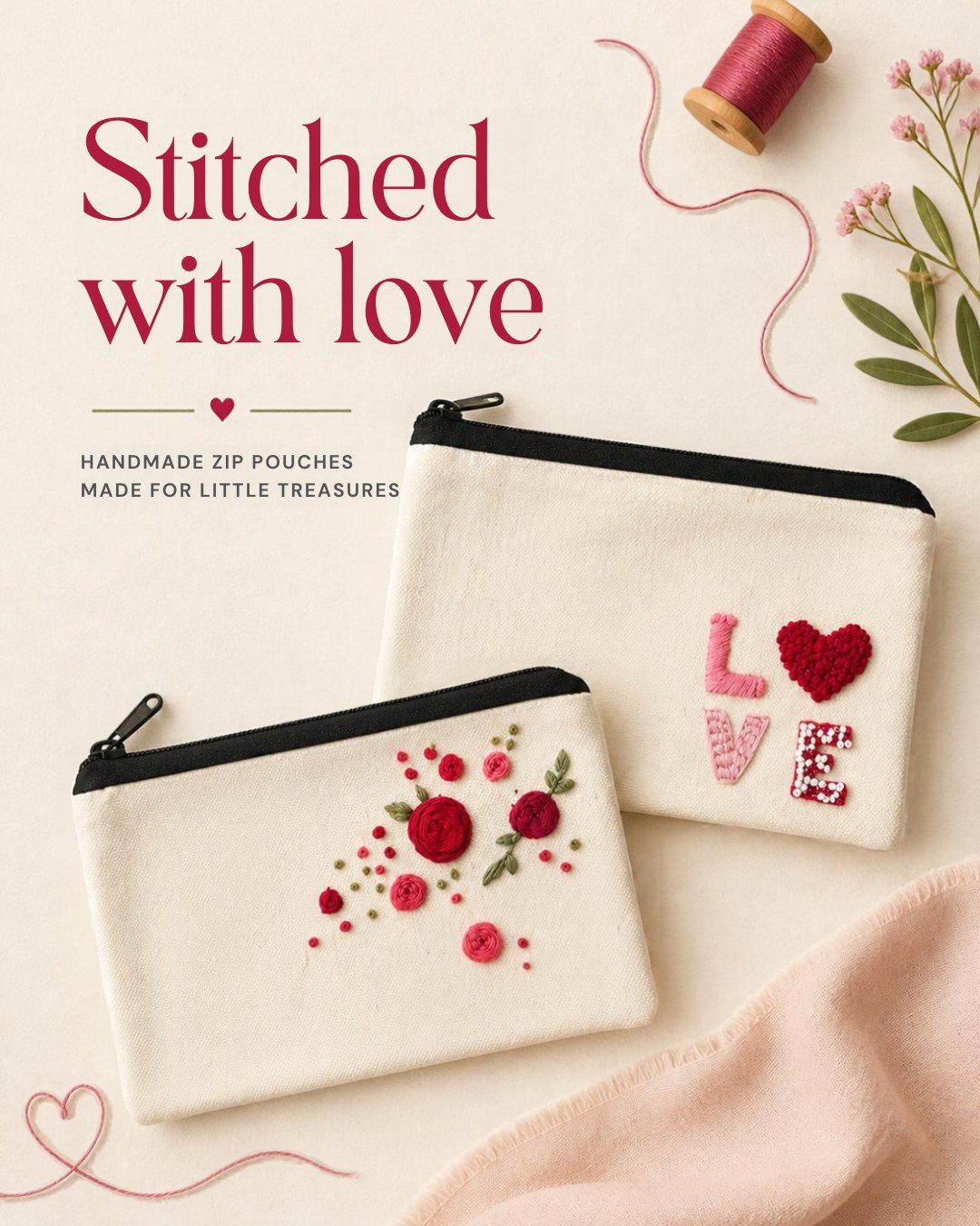 Embroidered LOVE zip pouch